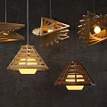 Wooden Geometric Shape Chandeliers With Warm Light Hanging In Modern Interior