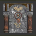 Vintage Industrial Gray Entrance Gate With Gear Decor Clock Red Columns And Wooden Top