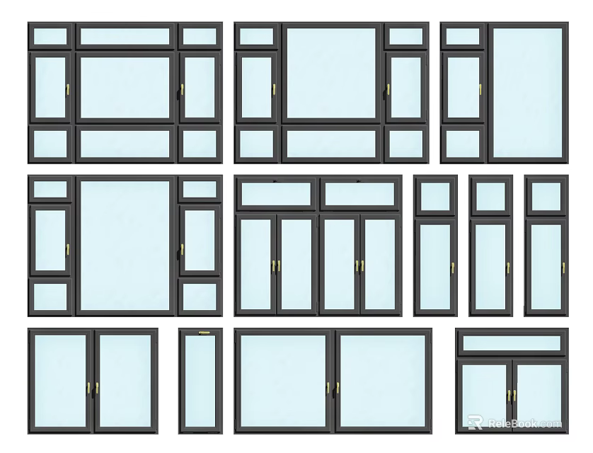 Various Modern Window Designs With Black Frames And Glass Panels 3d model
