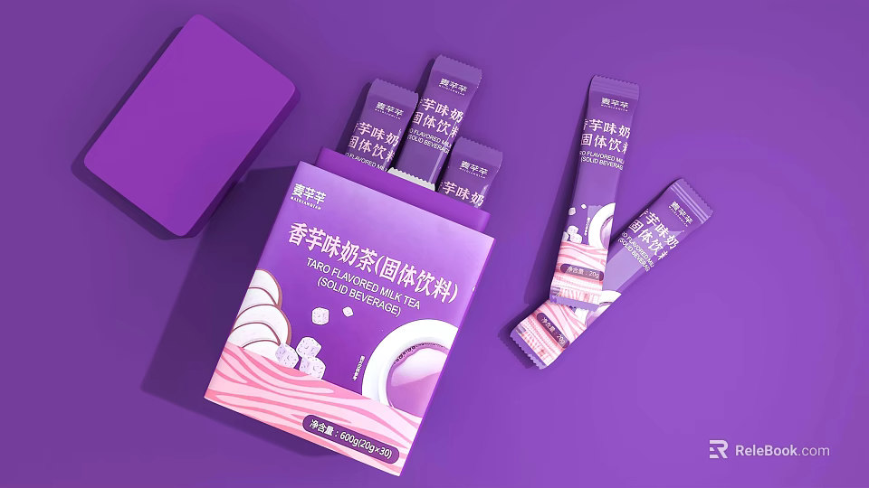 Delicious Taro Milk Tea Solid Drink With Purple Box And Individual Sachets 3d model 