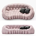 Modern Gray Curved Sectional Sofa with Tufted Texture and Pink Cushions