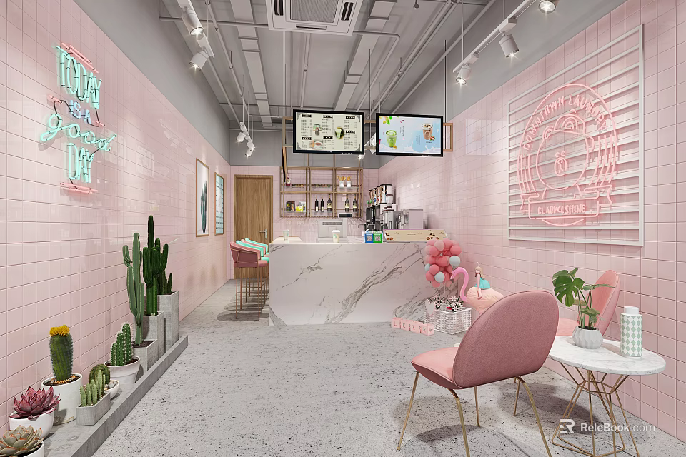 Pink Themed Milk Tea Shop with Neon Sign Cacti Marble Counter Pink Chairs Green Plants 3d model 