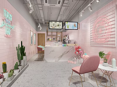 Pink Themed Milk Tea Shop with Neon Sign Cacti Marble Counter Pink Chairs Green Plants 3d model
