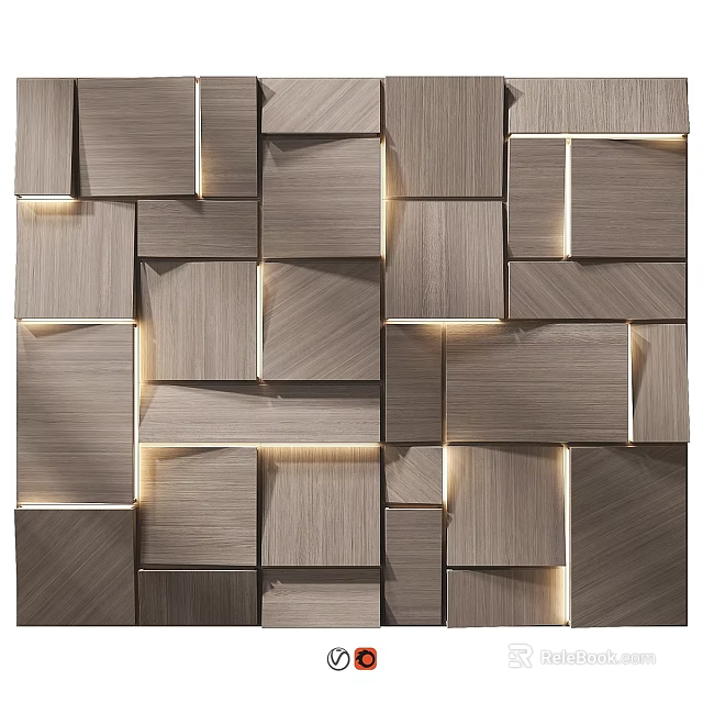 Gray Square Wooden Wall Panels With Lighting For Interior Decorative Design 3d model