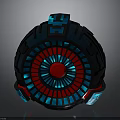 Futuristic Circular Tech Device Featuring Glowing Red Blue Ring And Geometric Patterns