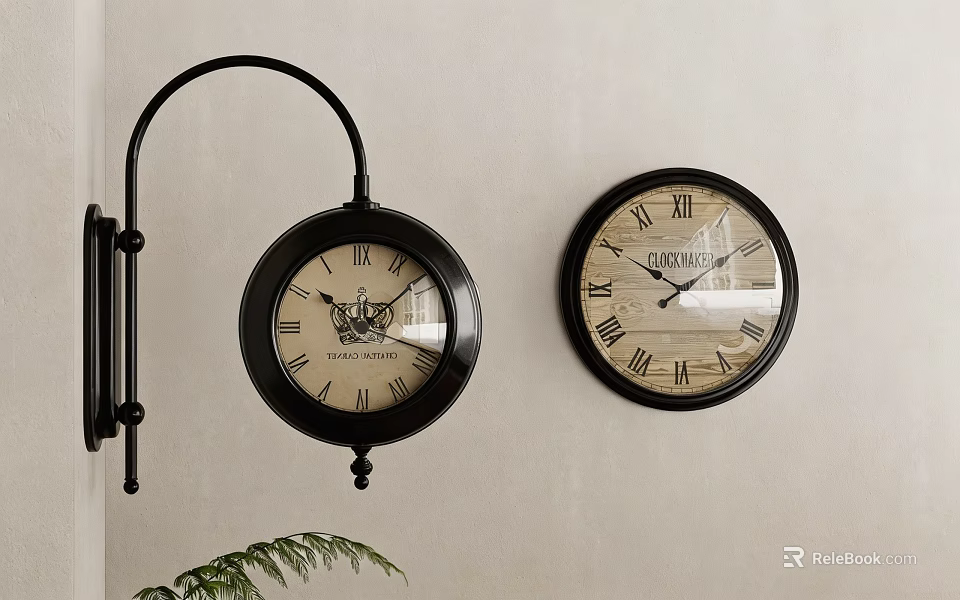 Two Black Decorative Clocks With Roman Numerals On Light Colored Wall 3d model 