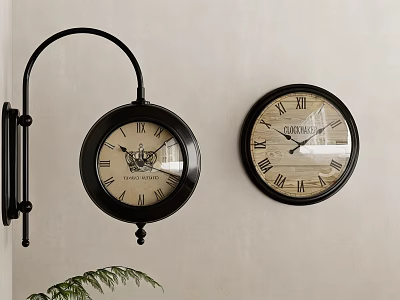 Two Black Decorative Clocks With Roman Numerals On Light Colored Wall 3d model