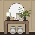 Natural Wooden Console Table And Side Cabinet With Round Mirror Green Plant And Stacked Cushions
