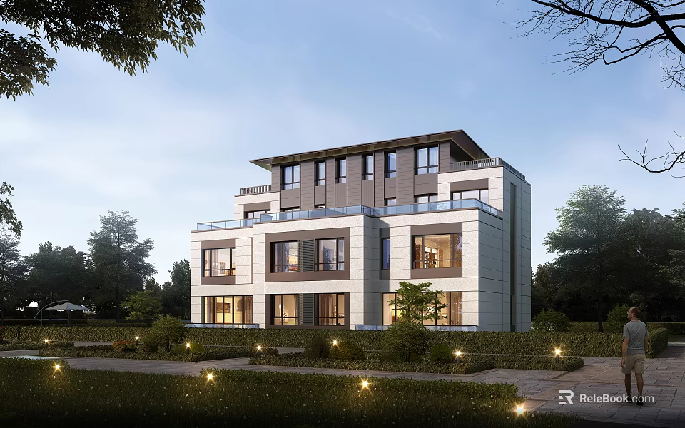 Modern Detached Villa Exterior With Large Windows Landscaped Garden And Outdoor Lighting 3d model 