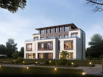 Modern Detached Villa Exterior With Large Windows Landscaped Garden And Outdoor Lighting 3d model