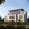 Modern Detached Villa Exterior With Large Windows Landscaped Garden And Outdoor Lighting