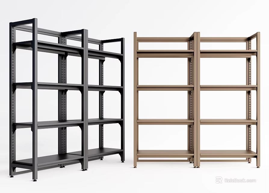 Sturdy Black And Brown Metal Display Shelves With Multiple Tiers For Retail Store 3d model 