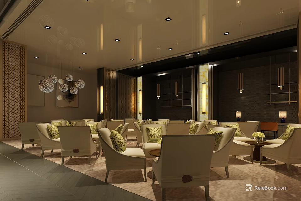 Elegant Sales Office Interior With Beige Chairs Green Cushions Pendant Lights And Dark Walls 3d model 