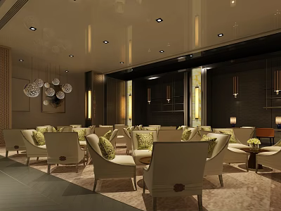 Elegant Sales Office Interior With Beige Chairs Green Cushions Pendant Lights And Dark Walls 3d model