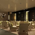 Elegant Sales Office Interior With Beige Chairs Green Cushions Pendant Lights And Dark Walls