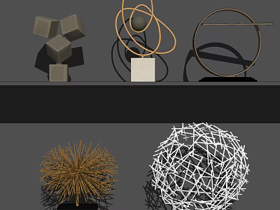 Modern Decorative Ornament Set with Gray Cubes Golden Rings Circular Frame Spiky and Netted Sphere 3d model