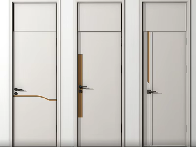 Modern Interior Hinged Doors With White Panels Decorative Brown Strips And Metal Handles 3d model