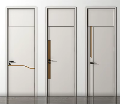 Modern Interior Hinged Doors With White Panels Decorative Brown Strips And Metal Handles 3d model