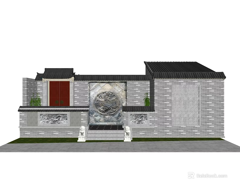 Ancient Architecture Exterior With Traditional Black Roof Red Door Circular Decorative Pattern And Stone Carvings 3d model 