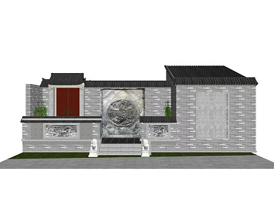 Ancient Architecture Exterior With Traditional Black Roof Red Door Circular Decorative Pattern And Stone Carvings 3d model