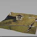 Ancient Scene Featuring Small Wooden House On Grassy Hillside With Path And Snow Patches