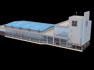 Modern Bus Station Building With Blue Roof Clock Tower And Glass Facade 3d model