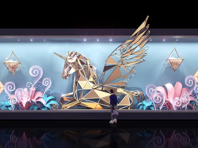 Geometric Golden Unicorn Window Display With Winged Pink Blue Decorations Crystal Pendant Lights Spiral Patterns 3d model