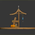Cartoon Scene With Wooden Stall Red White Striped Awning Colorful Flags Pumpkin And Green Grass