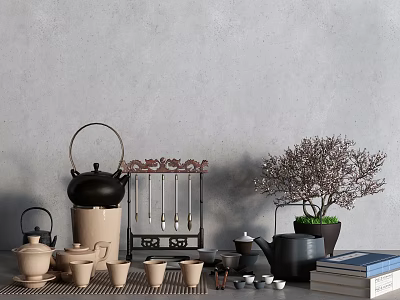 Elegant Tea Set Display With Teapot Teacups Teaspoons And Small Plant On Table 3d model