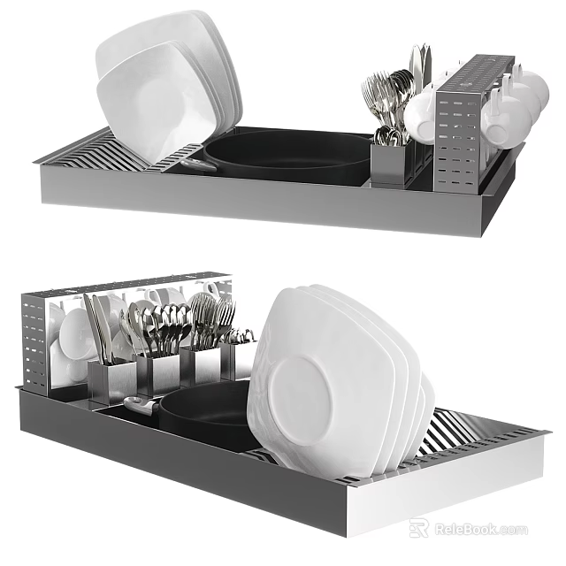 Stainless Steel Kitchenware Storage Rack With Plates Pans And Utensils Organizer 3d model 
