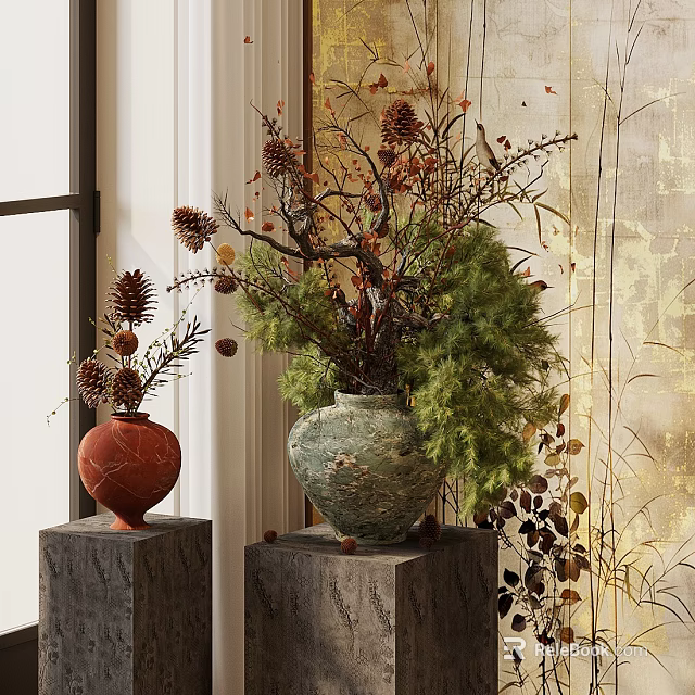 Terracotta And Green Vases With Pine Cones Pine Branches On Wooden Stands 3d model 