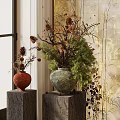 Terracotta And Green Vases With Pine Cones Pine Branches On Wooden Stands