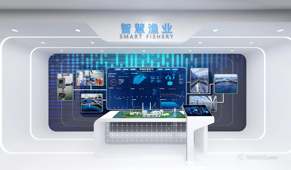Agricultural Exhibition Hall Featuring Smart Fishery Data Charts Large Screen Display and Model Table 3d model 