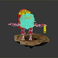 Yellow And Red Hamburger Themed Robot Figure Standing On Rock Platform Holding Yellow Object