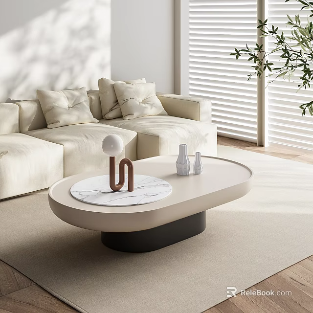 Modern Elegant Coffee Table With Marble Top Black Base And Beige Sofa In Living Room 3d model 