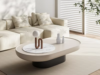 Modern Elegant Coffee Table With Marble Top Black Base And Beige Sofa In Living Room 3d model