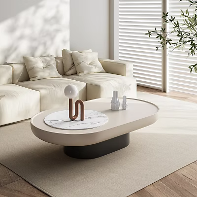 Modern Elegant Coffee Table With Marble Top Black Base And Beige Sofa In Living Room 3d model
