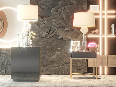 Stylish Nightstands With Table Lamps Stone Wall Decor And Gold Black Accents 3d model