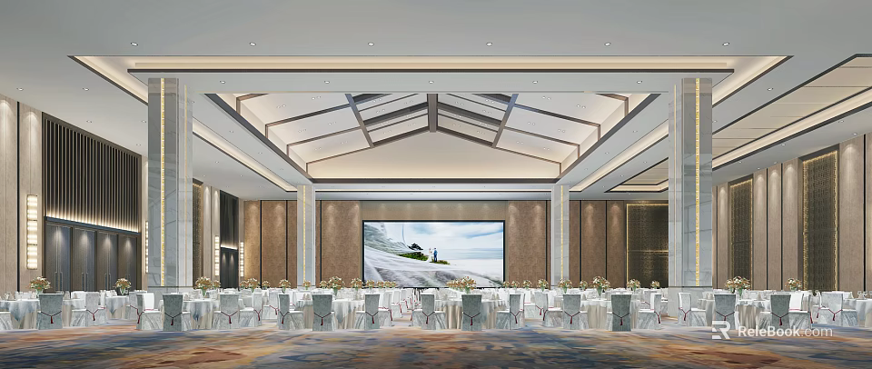 Luxurious Modern Banquet Hall Interior With Elegant Table Setup Ceiling Design And Large Screen 3d model 