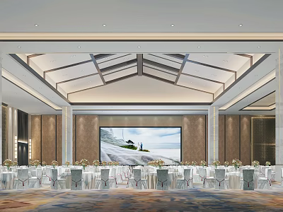 Luxurious Modern Banquet Hall Interior With Elegant Table Setup Ceiling Design And Large Screen 3d model