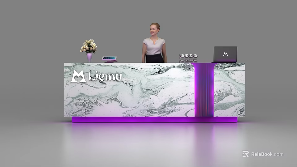 Modern Reception Desk With Marble Texture Purple Lighting Logo Flower Vase And Laptop 3d model 