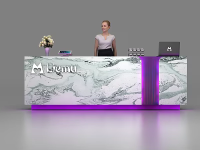 Modern Reception Desk With Marble Texture Purple Lighting Logo Flower Vase And Laptop 3d model