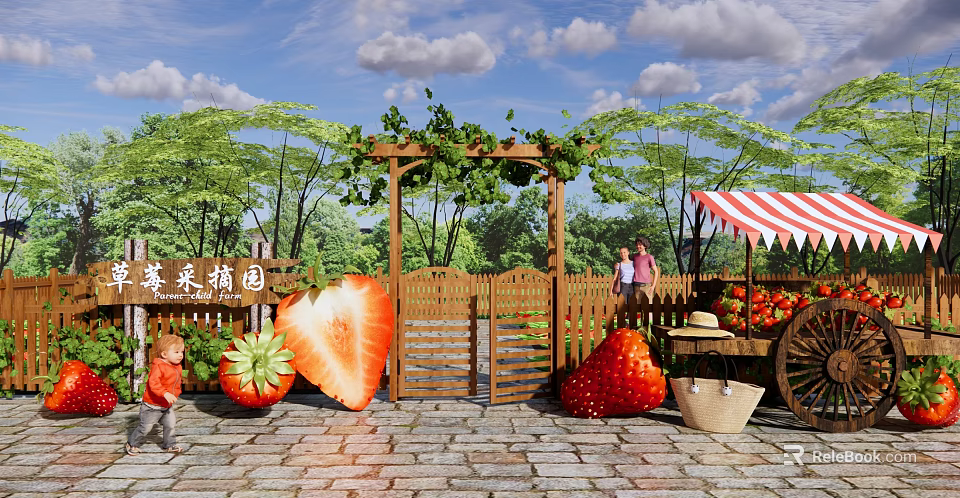 Scenic Park Landscape with Wooden Arbor Vines Giant Strawberry Models Fruit Stall and Green Trees 3d model 