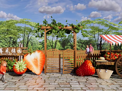 Scenic Park Landscape with Wooden Arbor Vines Giant Strawberry Models Fruit Stall and Green Trees 3d model