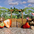 Scenic Park Landscape with Wooden Arbor Vines Giant Strawberry Models Fruit Stall and Green Trees