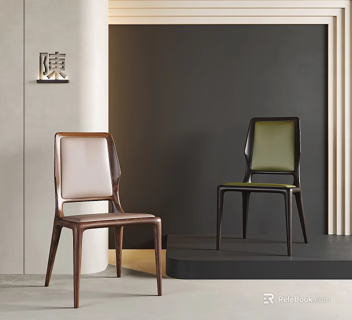 Modern Leisure Chairs With Brown Leather And Green Fabric Seats In Stylish Interior Space 3d model 