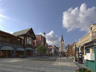 Scenic Commercial Street With Diverse Architecture Pedestrian Square Tower Shops And Blue Sky 3d model