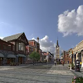 Scenic Commercial Street With Diverse Architecture Pedestrian Square Tower Shops And Blue Sky