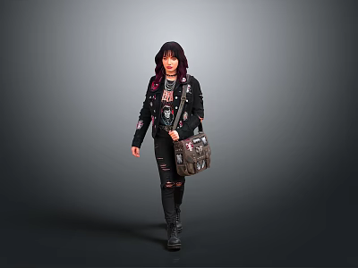 Stylish Young Woman In Black Jacket Ripped Jeans And Patterned Backpack 3d model