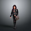 Stylish Young Woman In Black Jacket Ripped Jeans And Patterned Backpack
